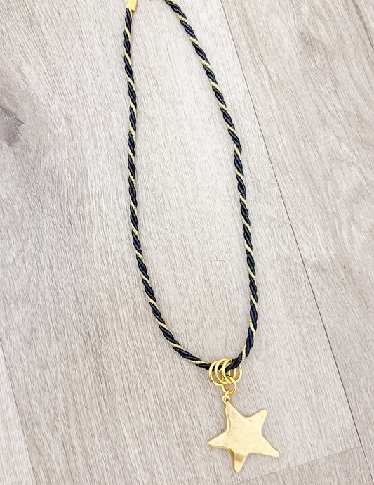 Everyday Trendy Small Black/Gold Cord Necklace with Star