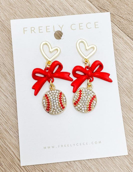 Sparkly Bow Sporty Baseball Earrings - Red Bow with Hearts