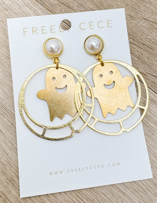 Halloween Time Dangling Gold Ghost Earrings with Pearl Detail