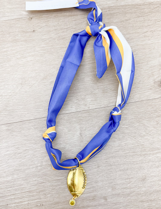We Did It Trendy Scarf Necklace in Blue And Gold- Football