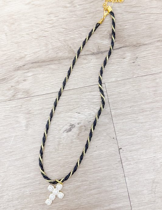 Everyday Trendy Small Black/Gold Cord Necklace with Cross