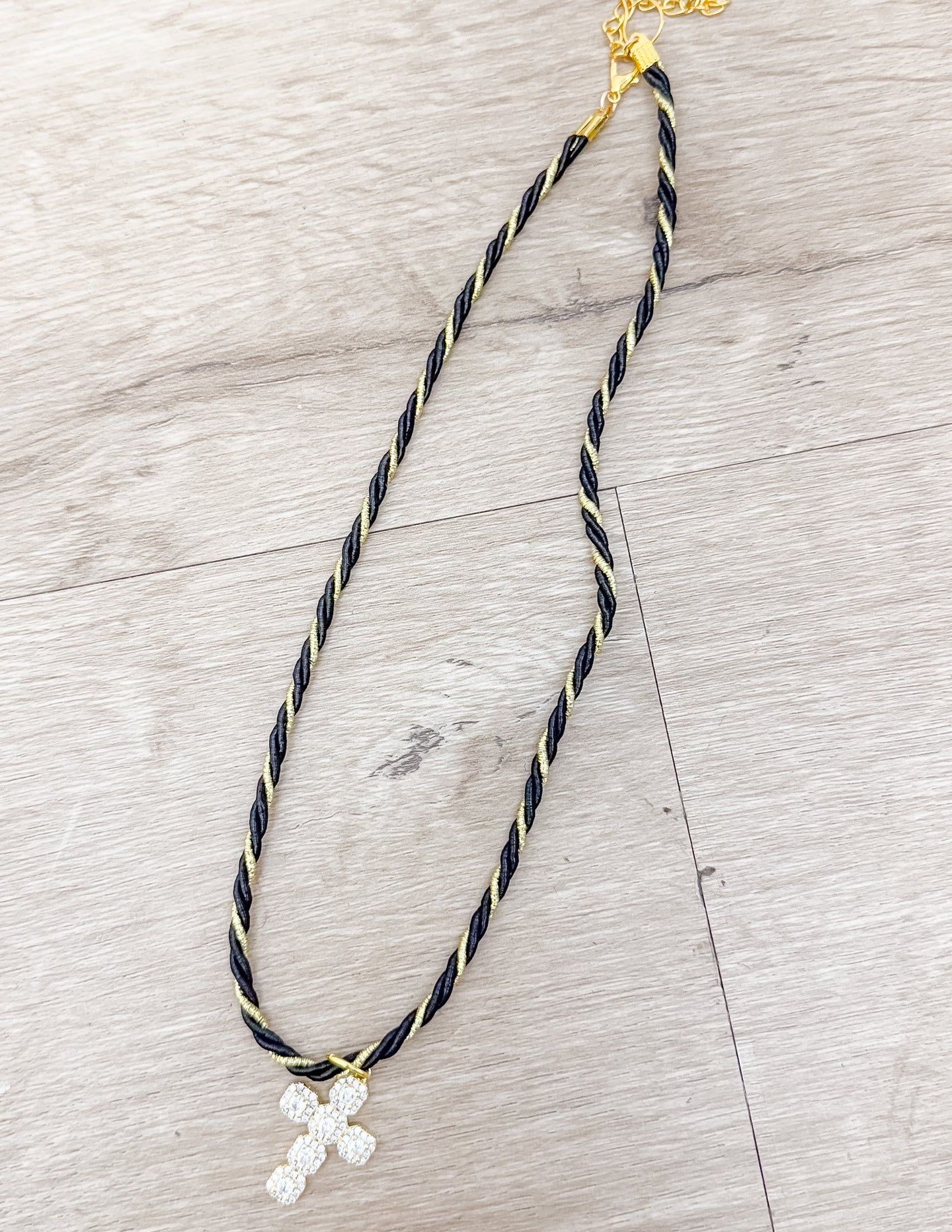 Everyday Trendy Small Black/Gold Cord Necklace with Cross