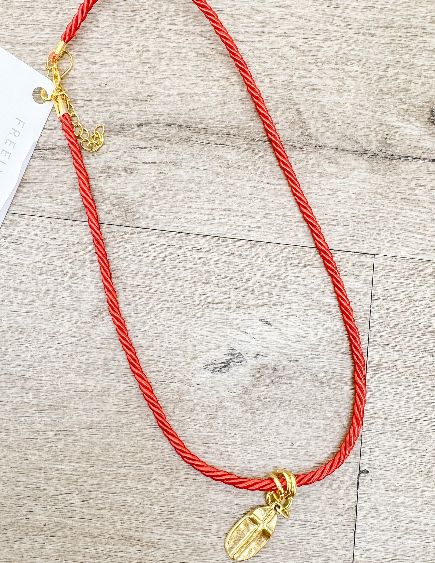Everyday Trendy Small Red Cord Necklace with Gold Oval Cross