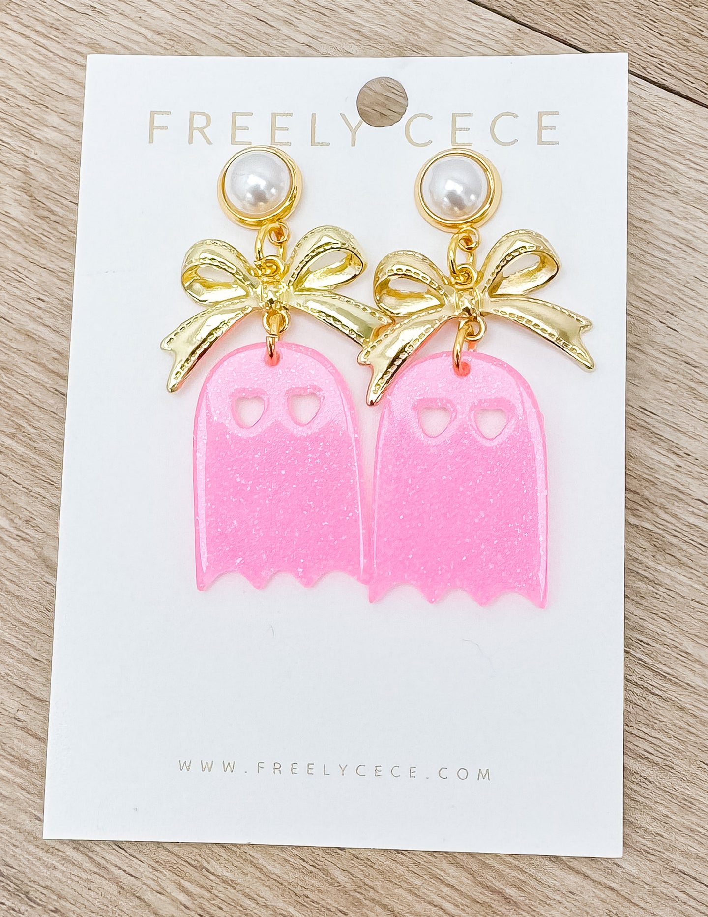Halloween Time Dangling Earrings with Neon Sparkly Pink Ghost