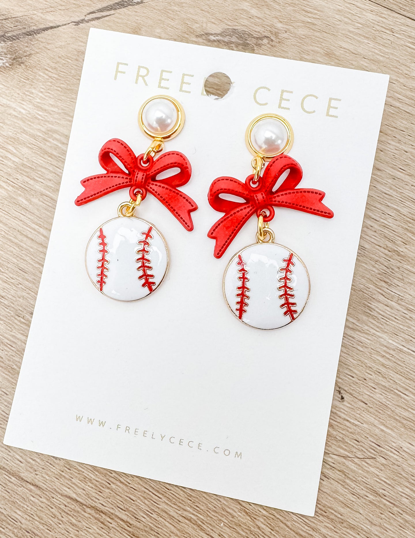 Bow Sporty Baseball Earrings - Red Bow with Pearls