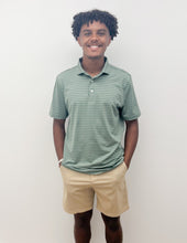 Load image into Gallery viewer, Southern Point Co. Horizon Stripe Performance Polo in Duck Green/Sandstone