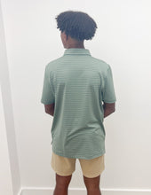 Load image into Gallery viewer, Southern Point Co. Horizon Stripe Performance Polo in Duck Green/Sandstone