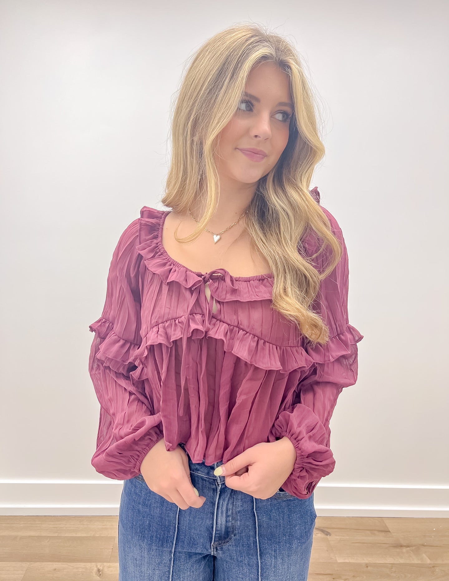 Running For You Scoop Neck Ruffle Blouse in Dark Rose