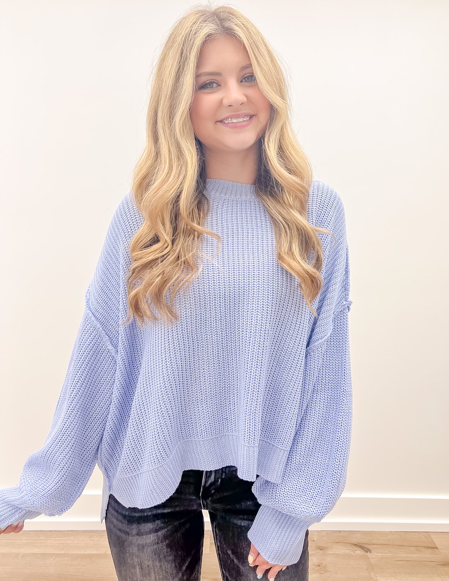 Feeling Lost Pullover Sweater Mock Neckline in Lt Blue