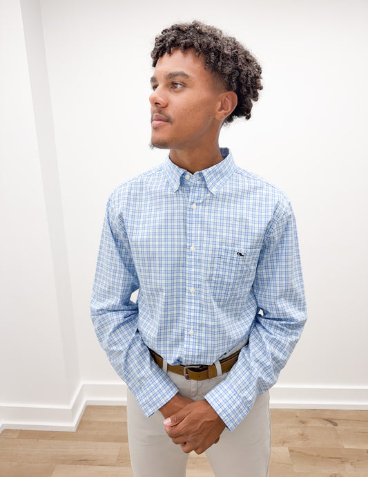Vineyard Vines Tobago Check Saltwater Wash Shirt in Jake Blue