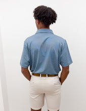 Load image into Gallery viewer, Southern Point Co. Horizon Stripe Performance Polo in Mallard Blue/White