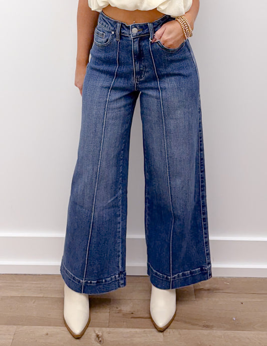 Turn It Up High Rise Pin Tuck Detail Wide Leg Jeans in Dark Denim