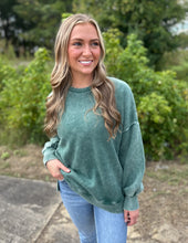 Load image into Gallery viewer, Today Tomorrow Acid Wash Fleece Hi Low Hem Pullover Dk Green