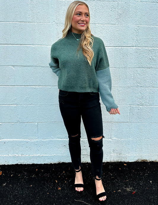 Don't Think Twice Color Block Oversized Sweater Green
