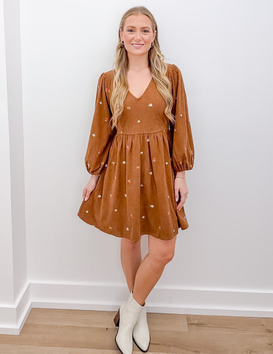 Same As Me Floral Embroidered Corduroy Mini Dress in Mocha