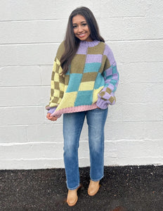 Angel Girl Color Block Checkered Sweater