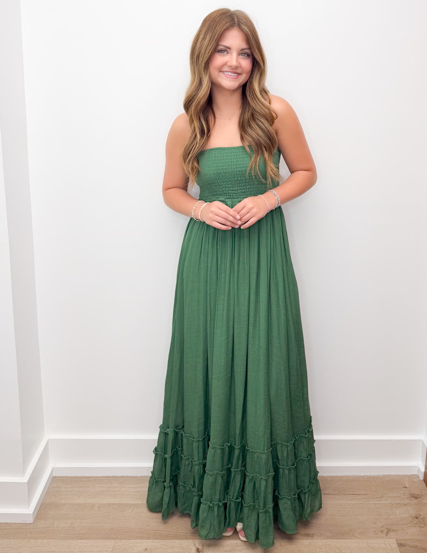 maxi dress hunter green Hunter Green V-Neck Maxi Dress With Long Sleeve And Slit