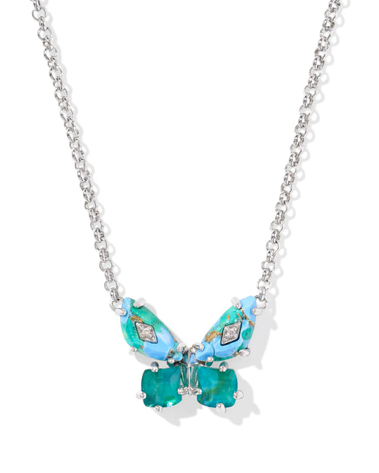 Kendra Scott Bianca Silver Butterfly Pendant Necklace in Bright Aqua Mix