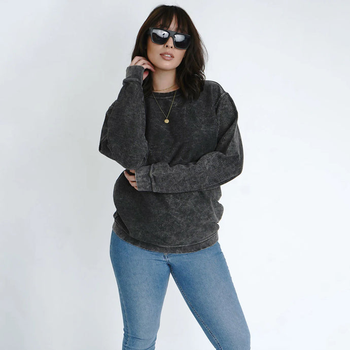 Royce Brand Comfy Cord Crewneck Oversized Pullover in Black