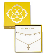 Load image into Gallery viewer, Kendra Scott Boxed Gold Amelia Cross Necklace Gift Set White Crystal