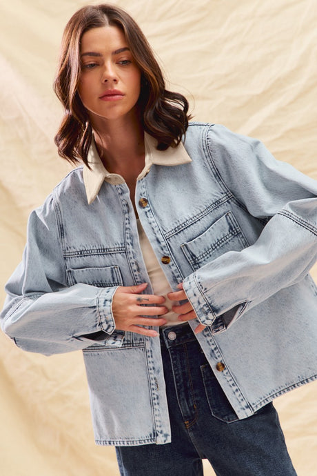 Wishful Thinking Vintage Acid Washed Shacket With Corduroy Collar