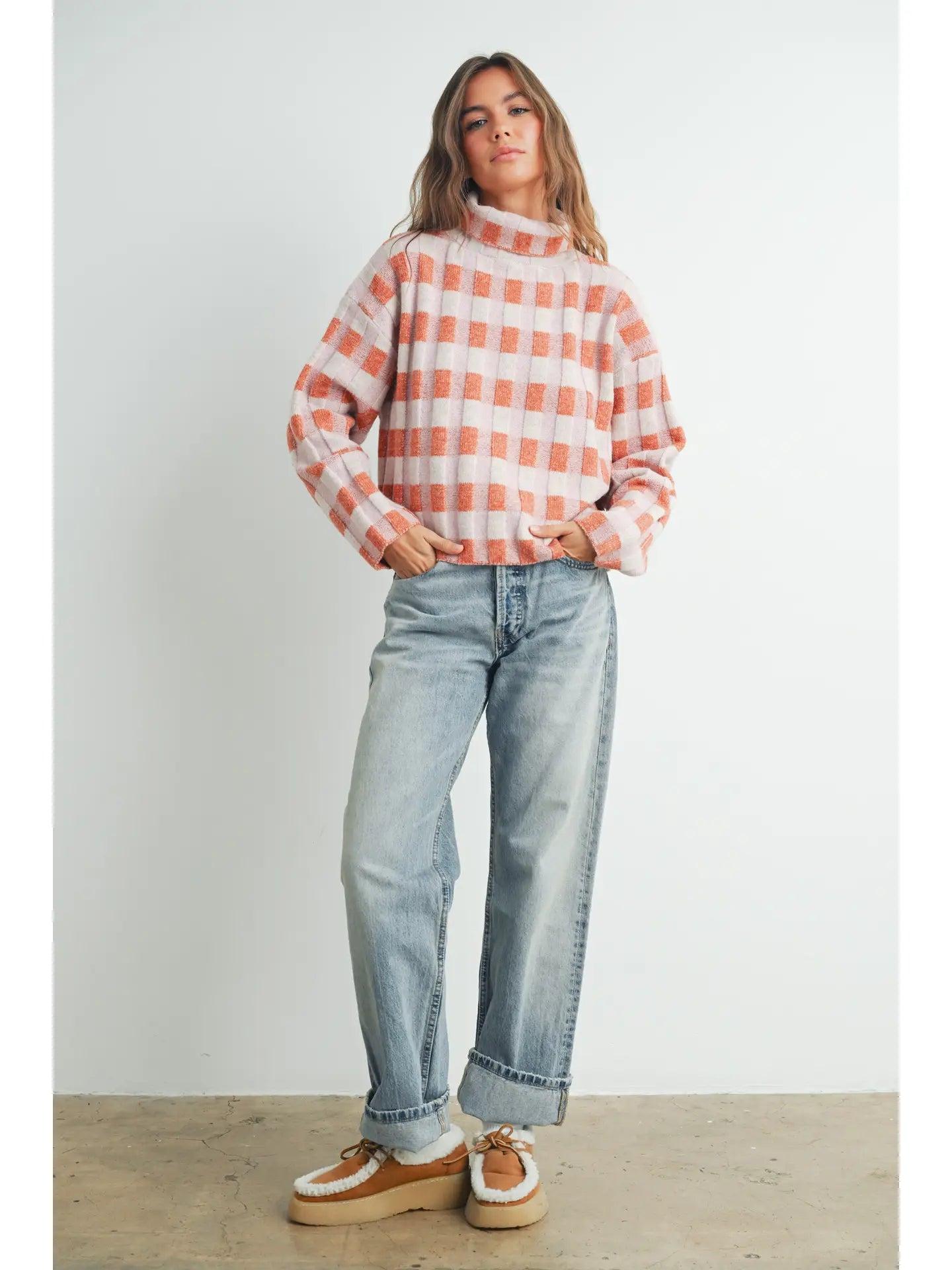 Happy With Me Fall Check Turtleneck Sweater