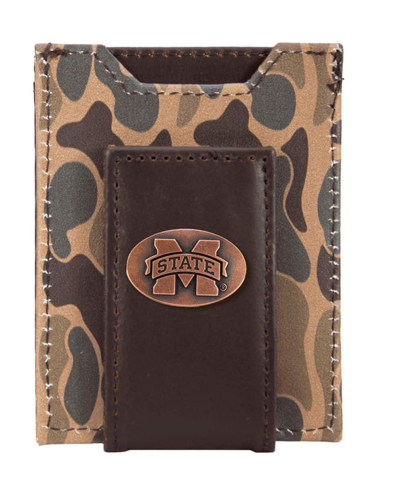 MSU Bulldogs Magnetic Front Pocket Old School Camo Leather Wallet: Brown/Tan