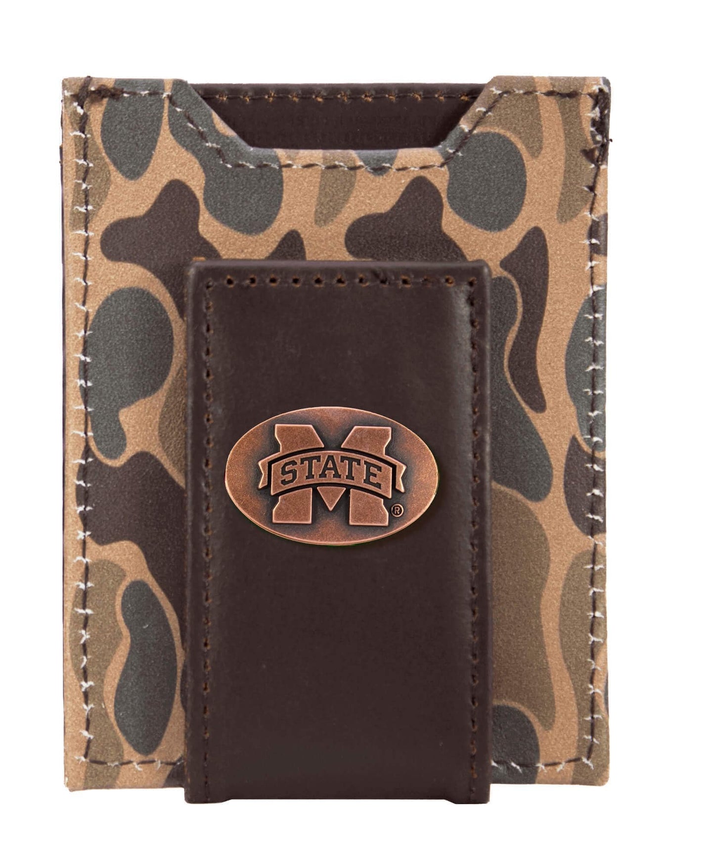 MSU Bulldogs Magnetic Front Pocket Old School Camo Leather Wallet: Brown/Tan