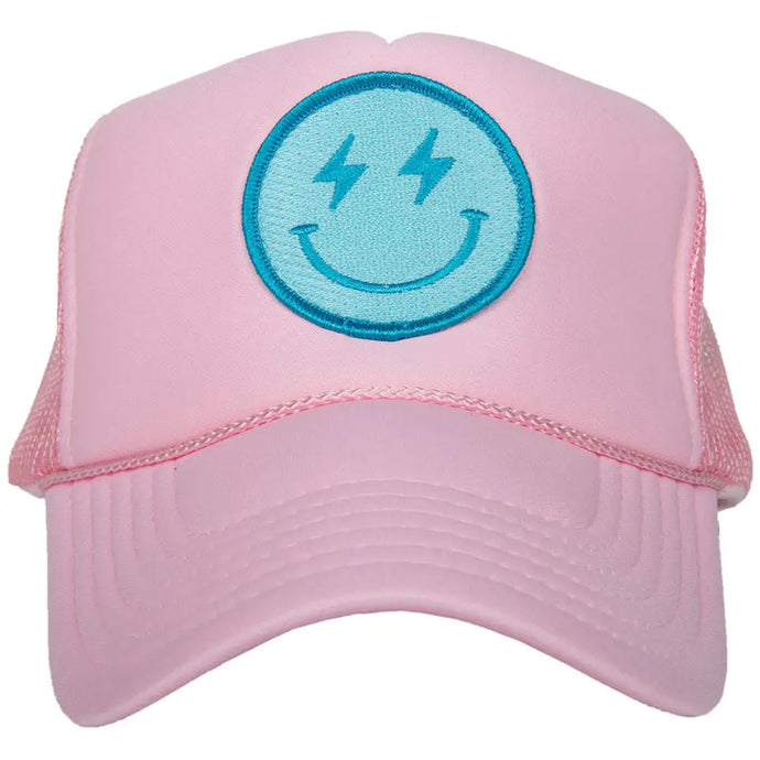 Turquoise Lightning Happy Face Foam Trucker Hat Light Pink