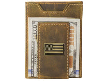 Load image into Gallery viewer, American Flag Vintage Tan Leather Magnetic Front Pocket Wallet
