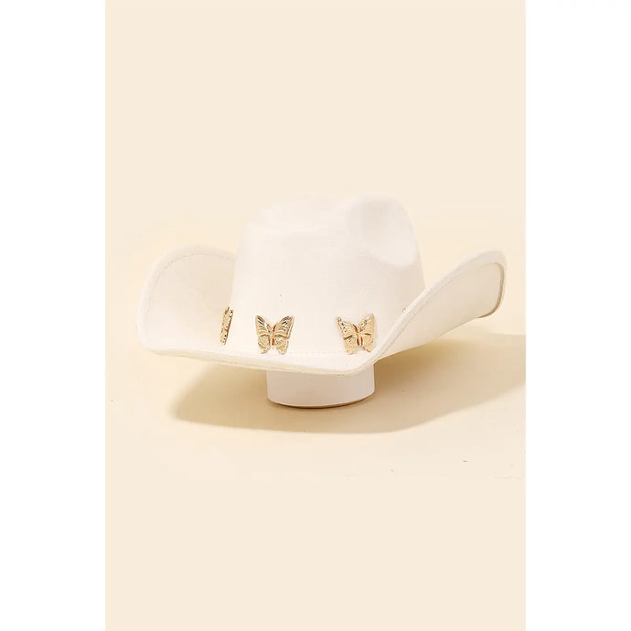 Metallic Butterfly Charms Soft Cowboy Hat White