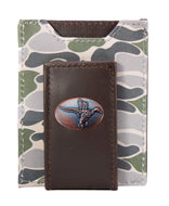 Mallard Magnetic Front Pocket Old School Camo Leather Wallet: Green/Gray Camo