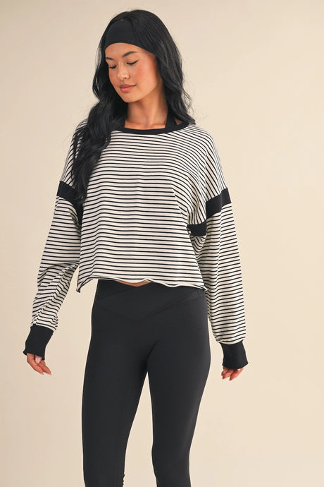 Seems Like Yesterday Striped Cutout Back Sweatshirt in White/Black