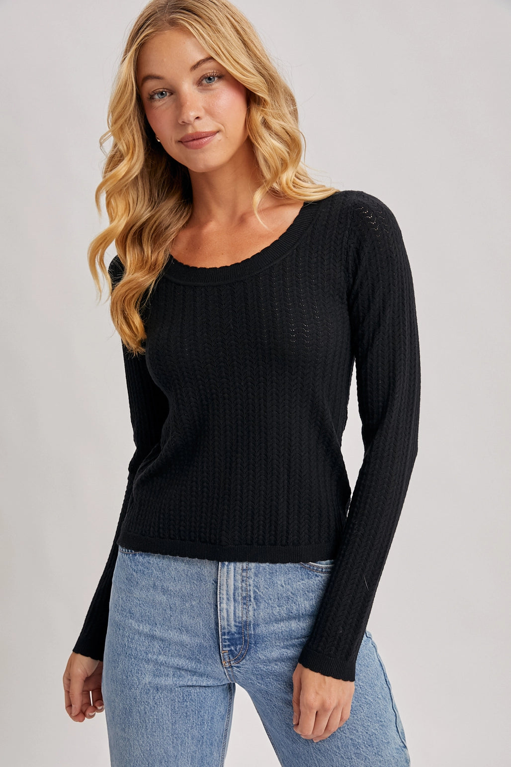 Come On LS Pointelle Knit Top in Black