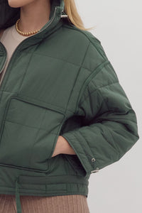 Nice for What Quilted Zip Up Jacket in Slate Green