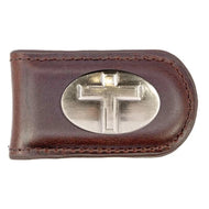 Christian Cross Leather Magnetic Money Clip-Smooth Brown