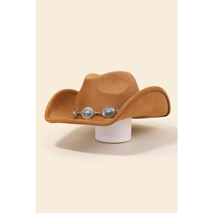 Turquoise Oval Stone Strap Cowboy Hat Brown