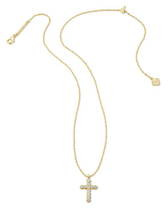 Kendra Scott Boxed Gold Cross Pendant Necklace in White Crystal