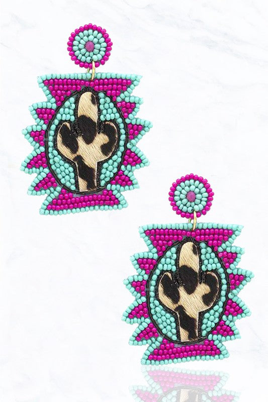 Aztec Shape Leopard Fur Cactus Earrings-Turquoise