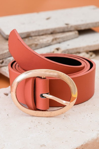 Classic Oval Buckle Leather Belt-Coral
