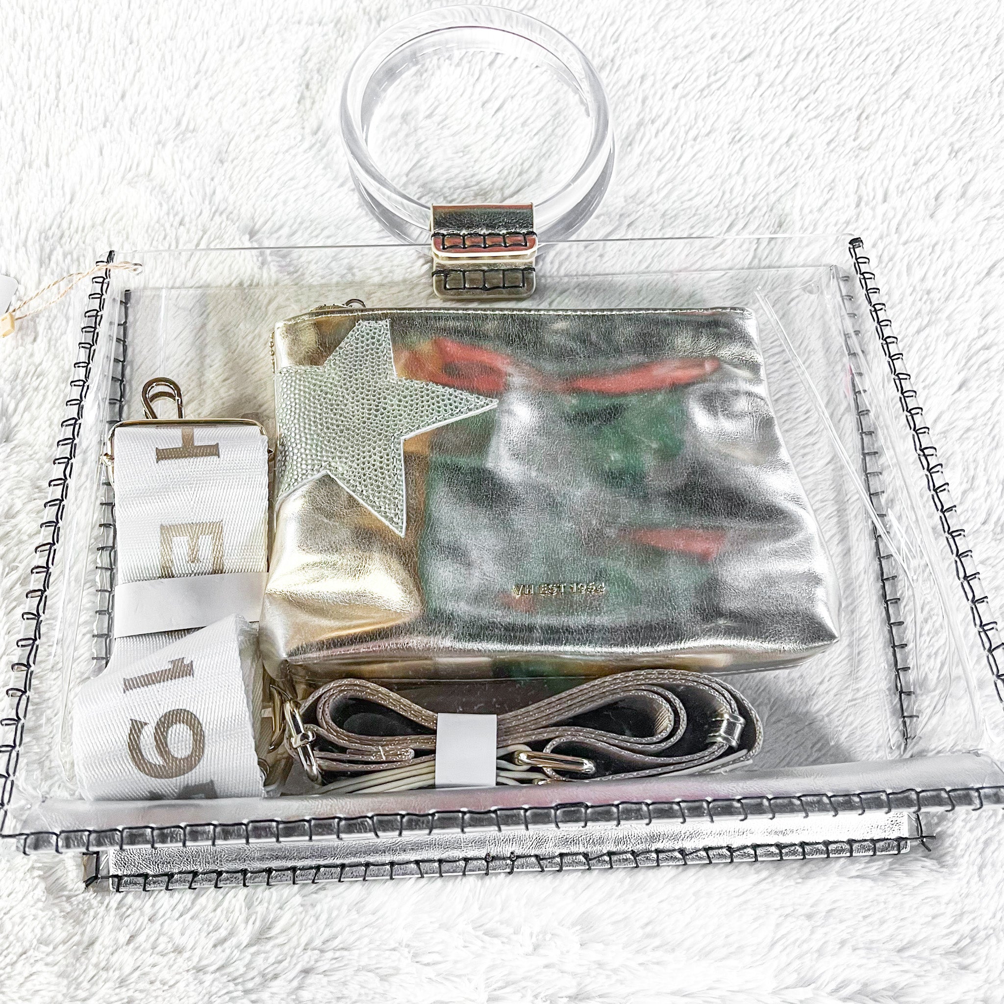 Vintage Havana | Molly Clear, Vinyl Handbag With Gold Clutch