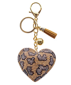 Leopard Crystal Heart Keychain Brown