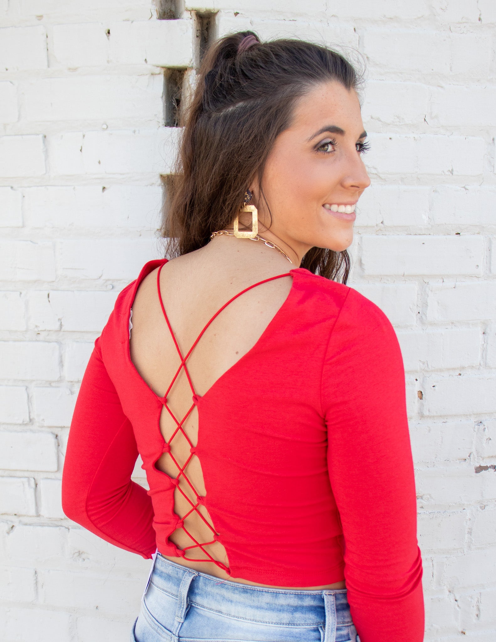 Red Lace Up Back Cropped Top 