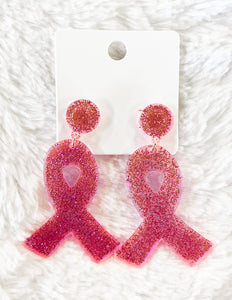 Pink Ribbon Glitter Dangle Earrings