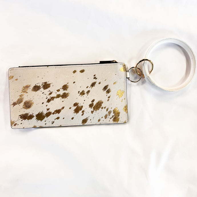 Cowhide Wallet Wristlet-White/Gold