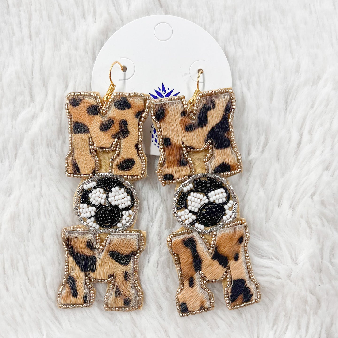 Leopard Mom Soccer Beaded Dangle Earrings