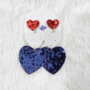 Americana Glittery Heart Trio Dangle Earrings