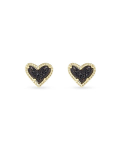Ari Heart Stud Earrings-Gold Black Druzy