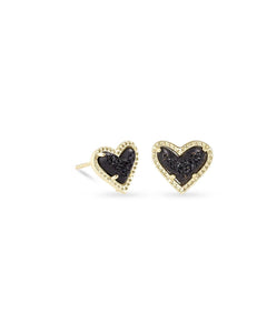 Ari Heart Stud Earrings-Gold Black Druzy