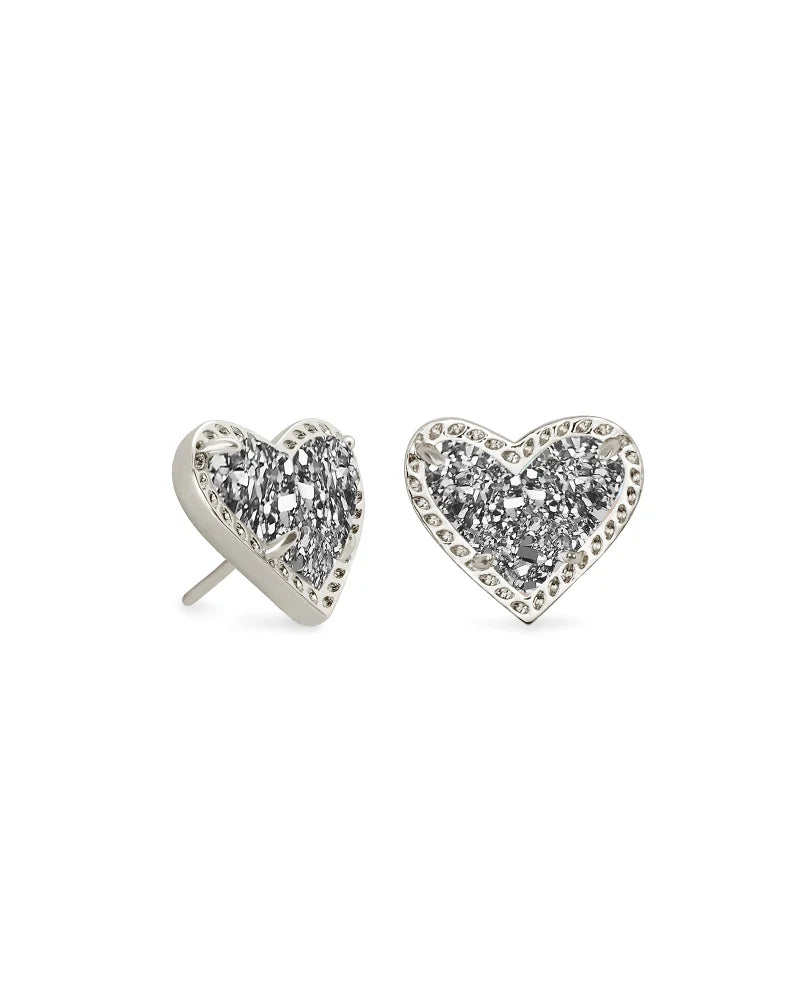 Ari Heart Stud Earrings-Silver Platinum Druzy